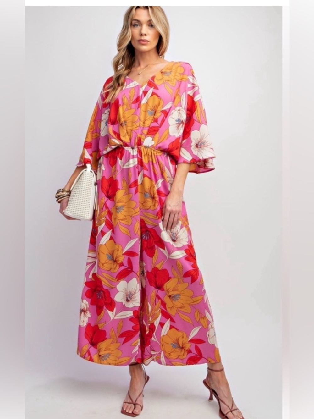 Floral V-Neck Wide-Leg Jumpsuit in Pink Floral